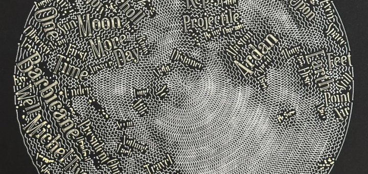 Pen Plotter art of the moon, filled with words from Jules Verne's moon books